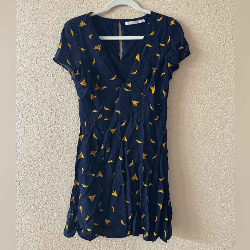 Zara Banana Print Fit & Flare Mini Dress- navy blue, yellow banana print, Size S
